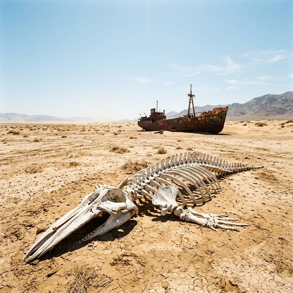 A vast, sun-baked desert basin littered with the bleached bones of ancient sea creatures…