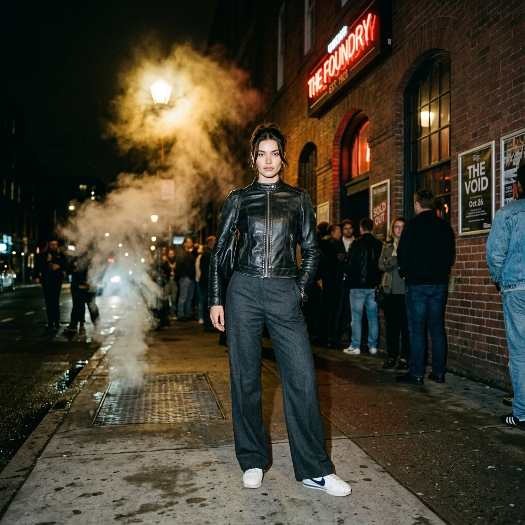 Streetwear style outside a brick music venue