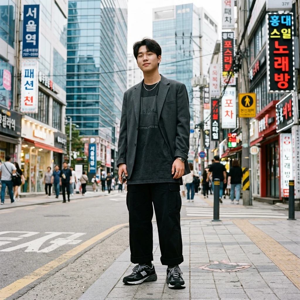 Modern streetwear look on a busy city street