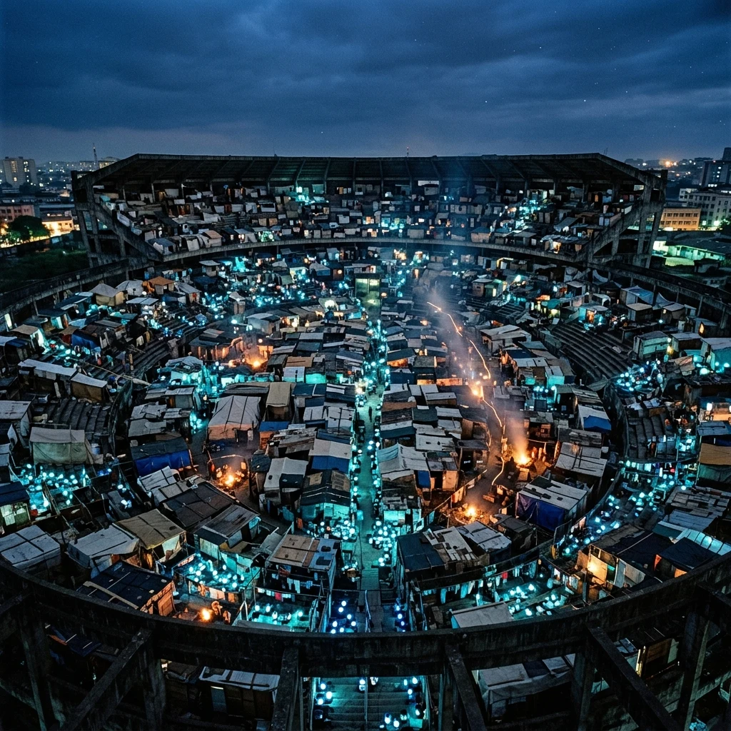 A long-exposure blue-hour shot of an urban shanty town built within a ruined sports…