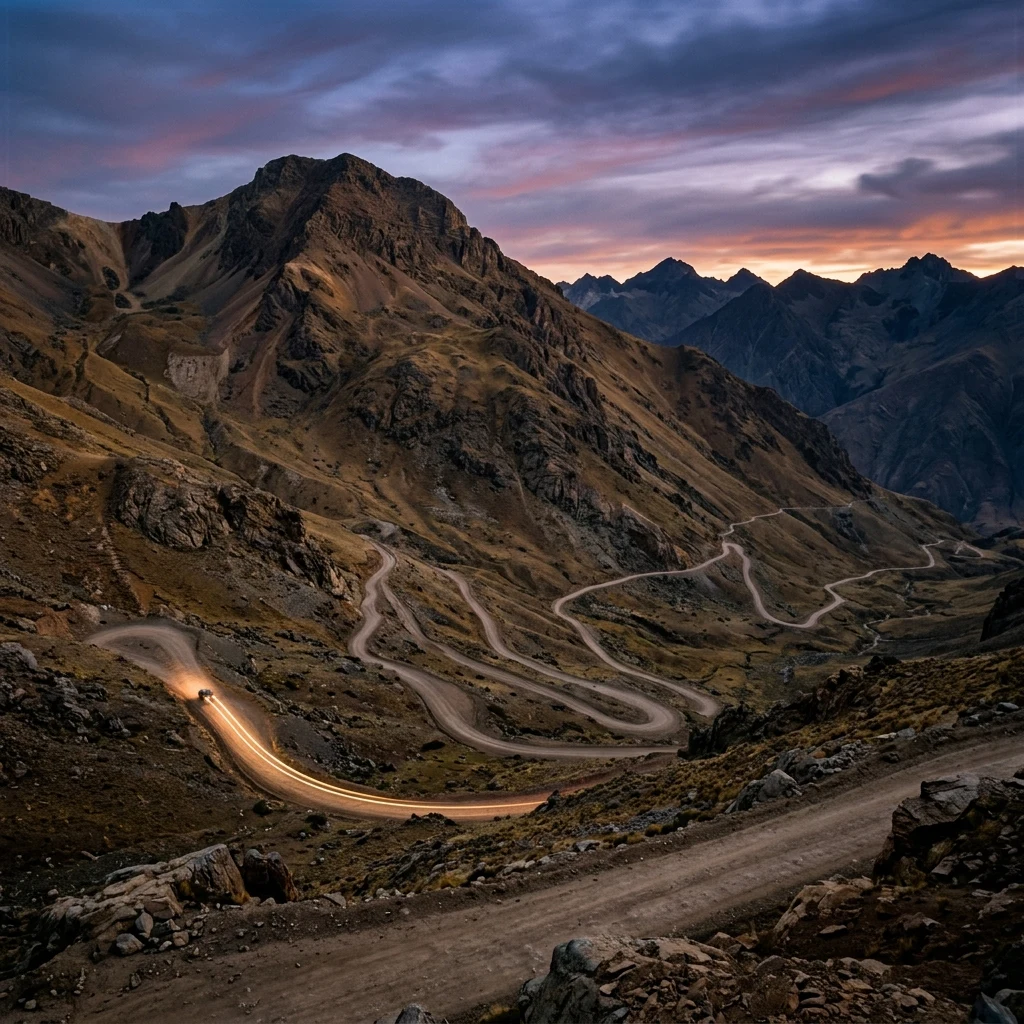A wide-angle 4x5 large-format view of winding dirt switchbacks climbing up a barren…