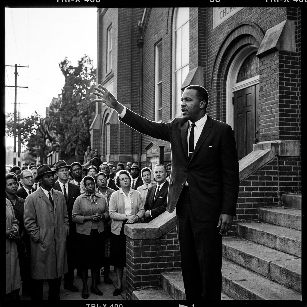 A 1960s civil rights-era street preacher speaking from the steps of a brick church