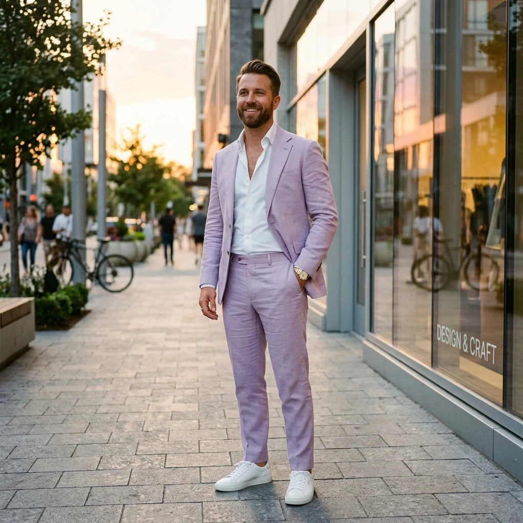Streetwear lookbook on a city sidewalk