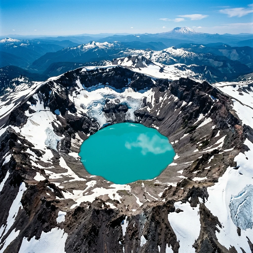 An aerial view looking down into the icy crater of a Cascade Range stratovolcano