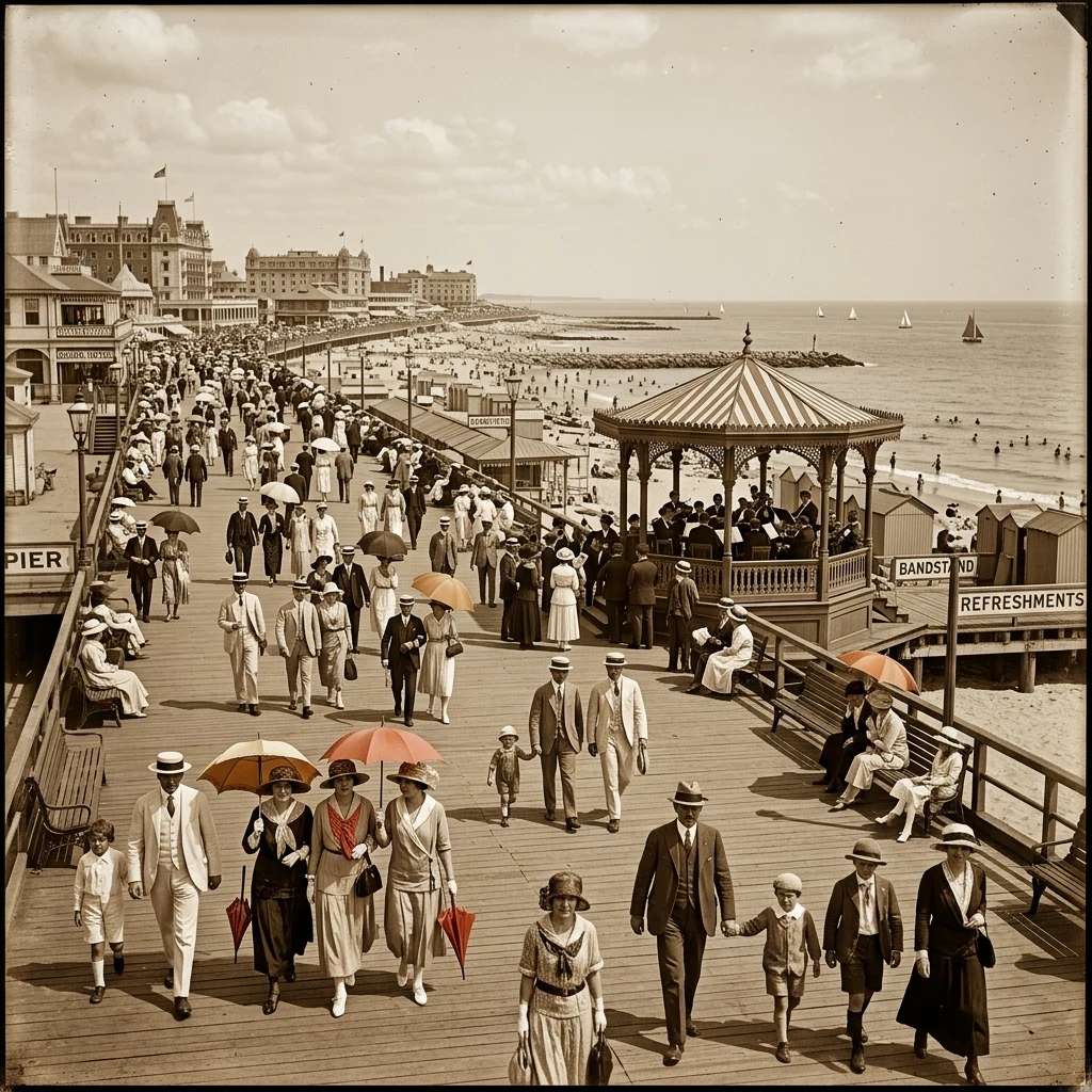 A 1920s seaside promenade photographed on glass plate