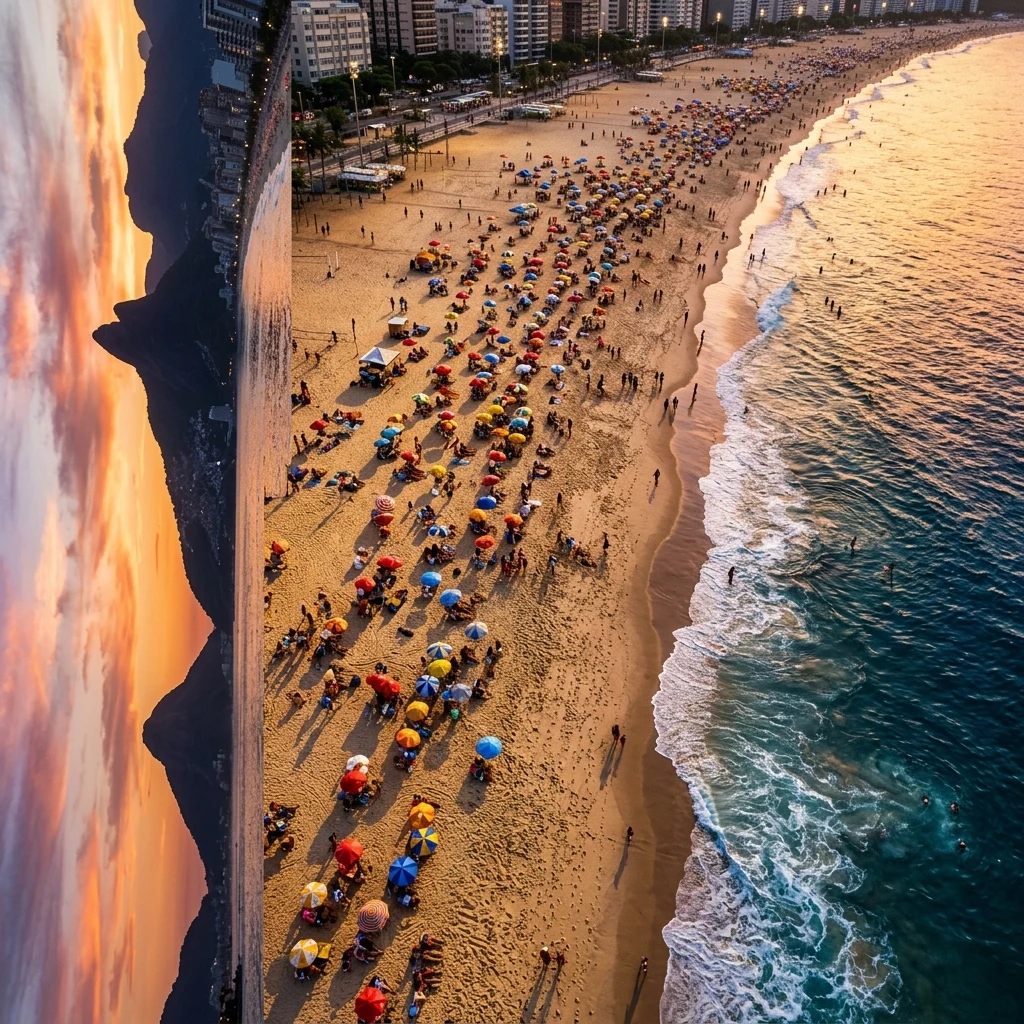A Rio beach at sunset photographed straight down from a drone