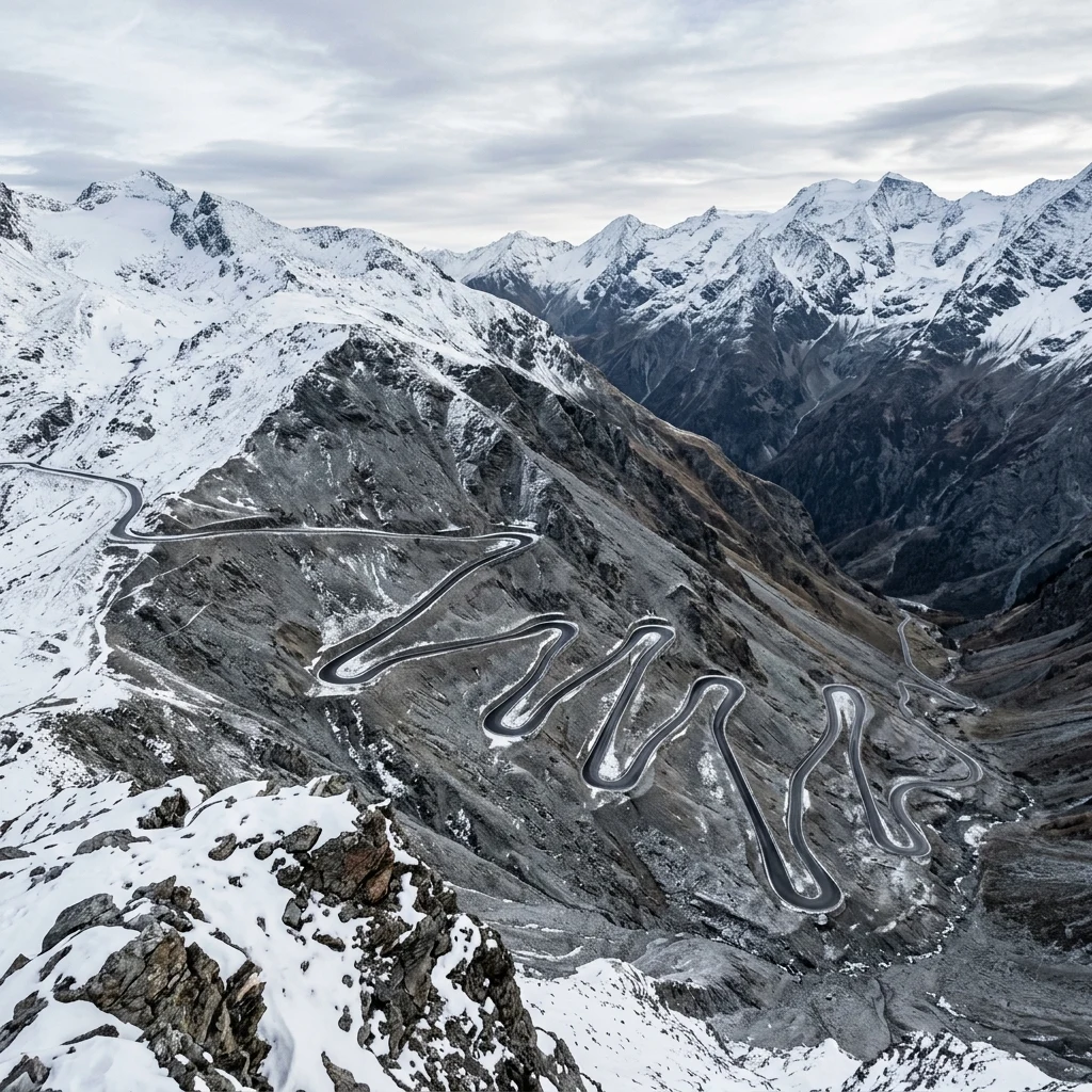 An icy mountain pass road with thirty hairpin turns winding down a barren scree slope