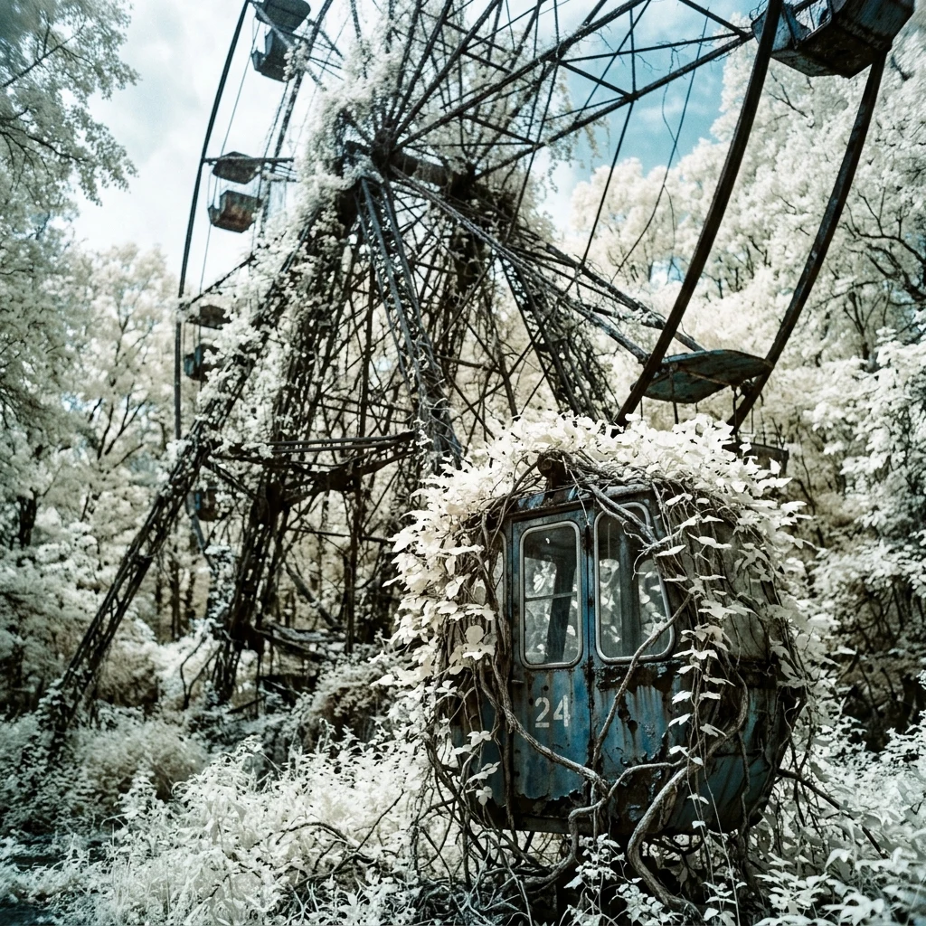 Abandoned ferris wheel overgrown with vines