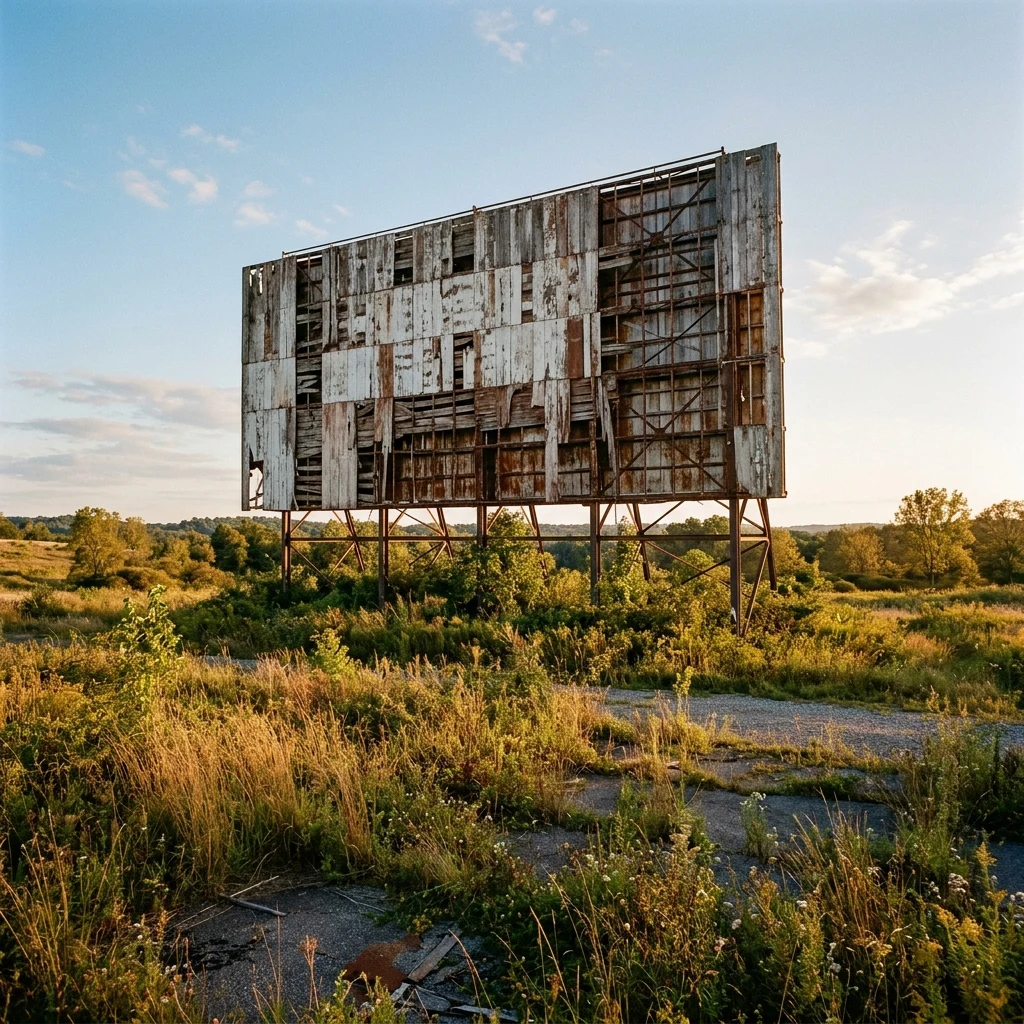 Overgrown field with an old movie screen