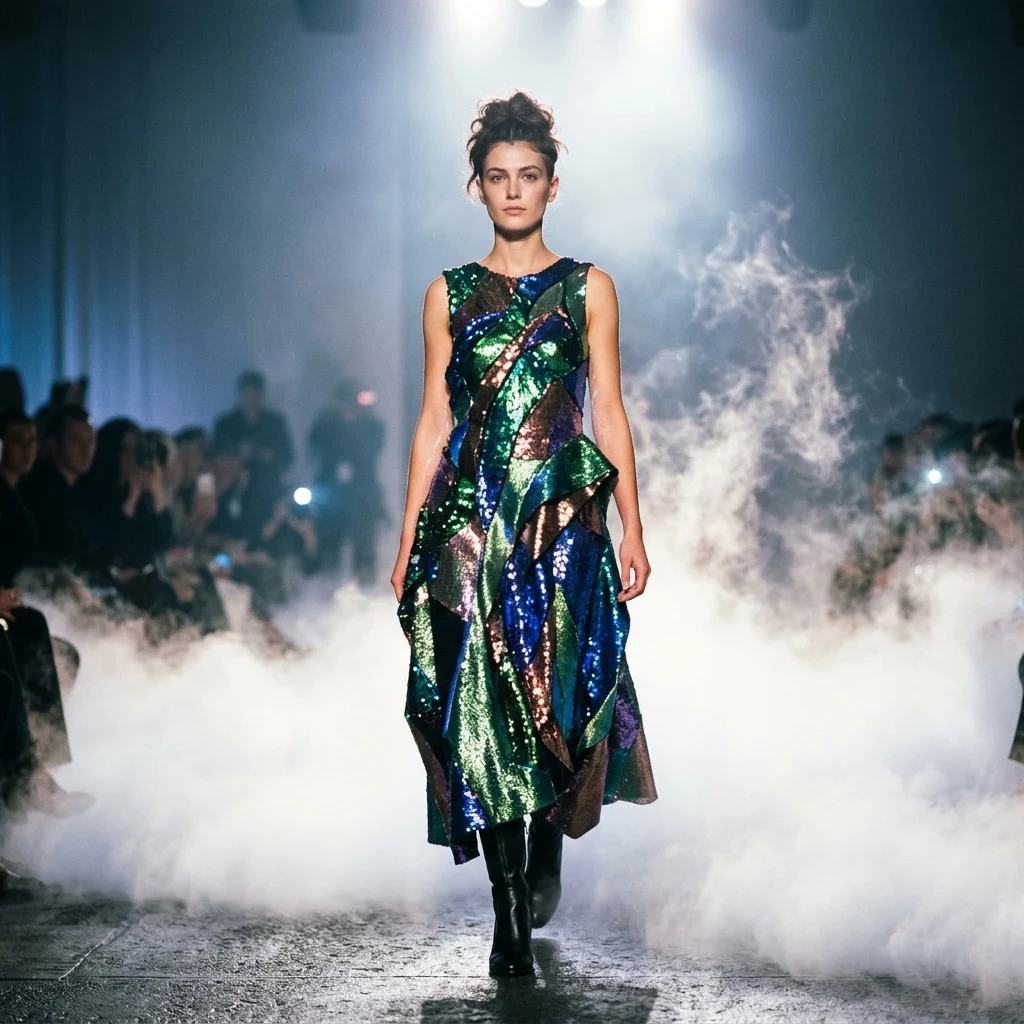 An avant-garde dress made of iridescent beetle-wing-inspired sequins