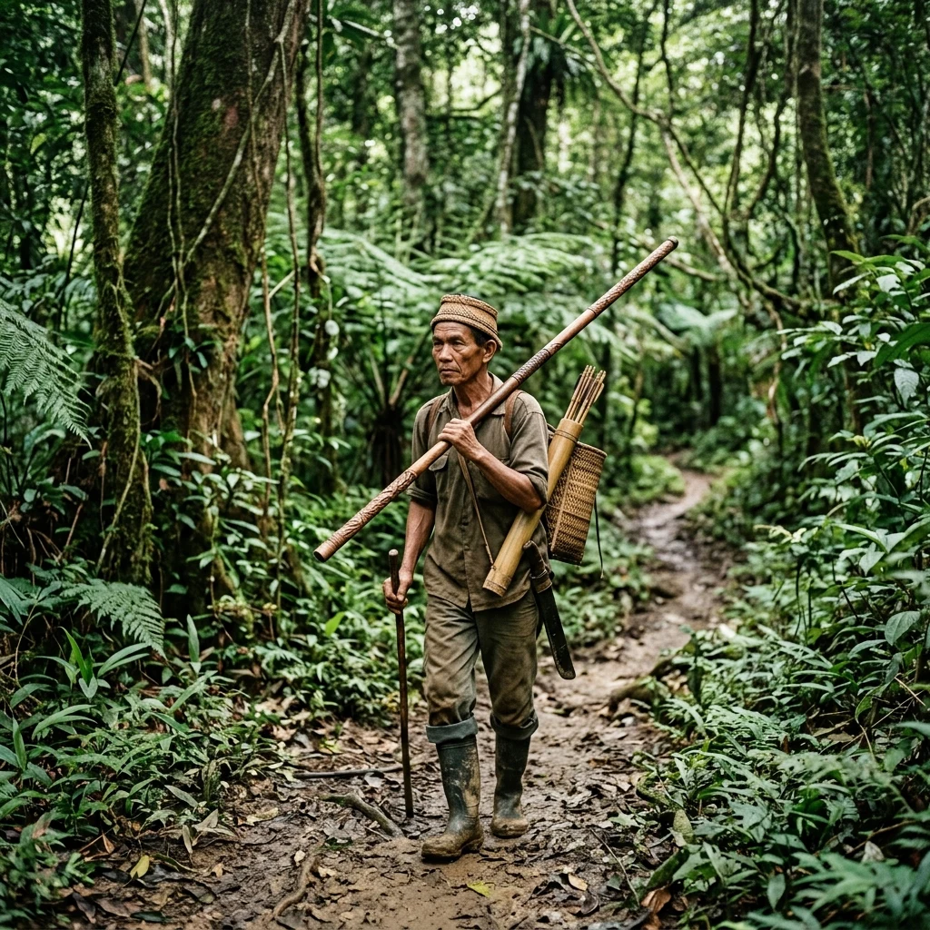 Hunter walking along a lush jungle trail