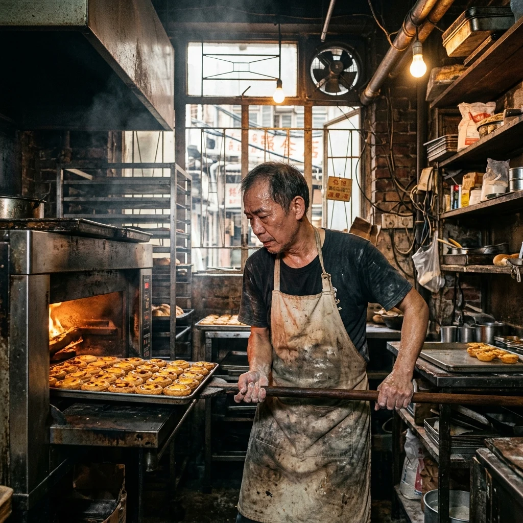Baker removing fresh pastries from a hot oven