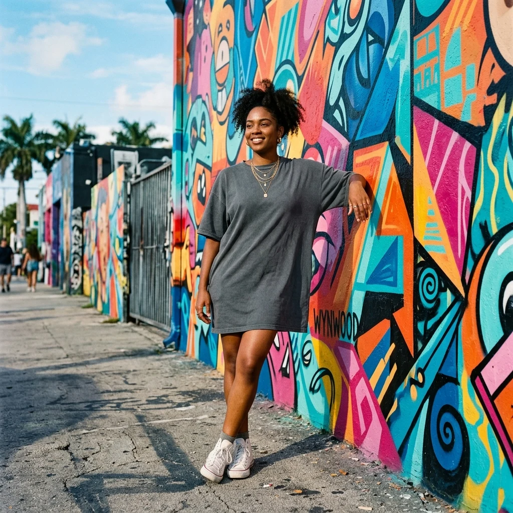 A woman in an oversized jersey dress and sneakers with layered gold chains in Wynwood