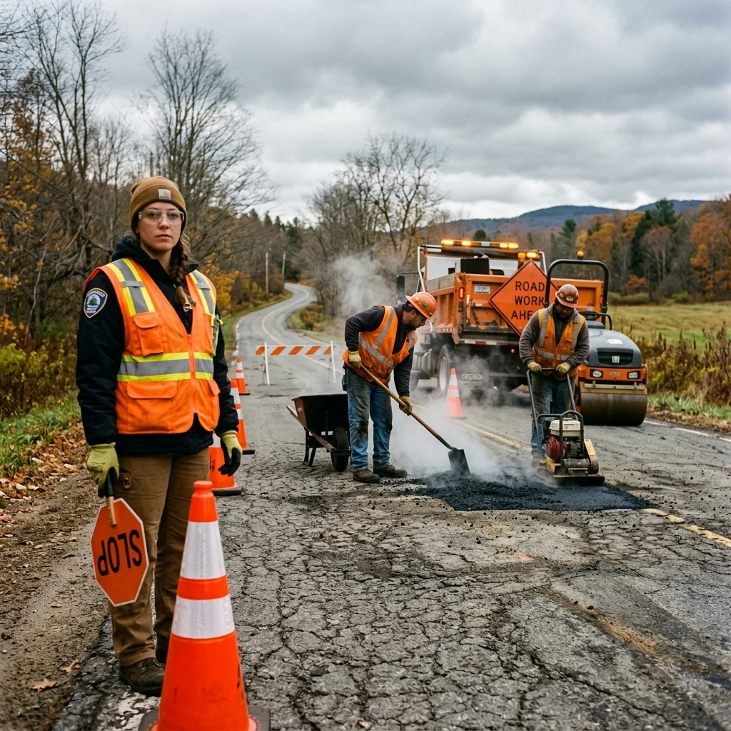 A road crew filling frost heaves on a rural highway