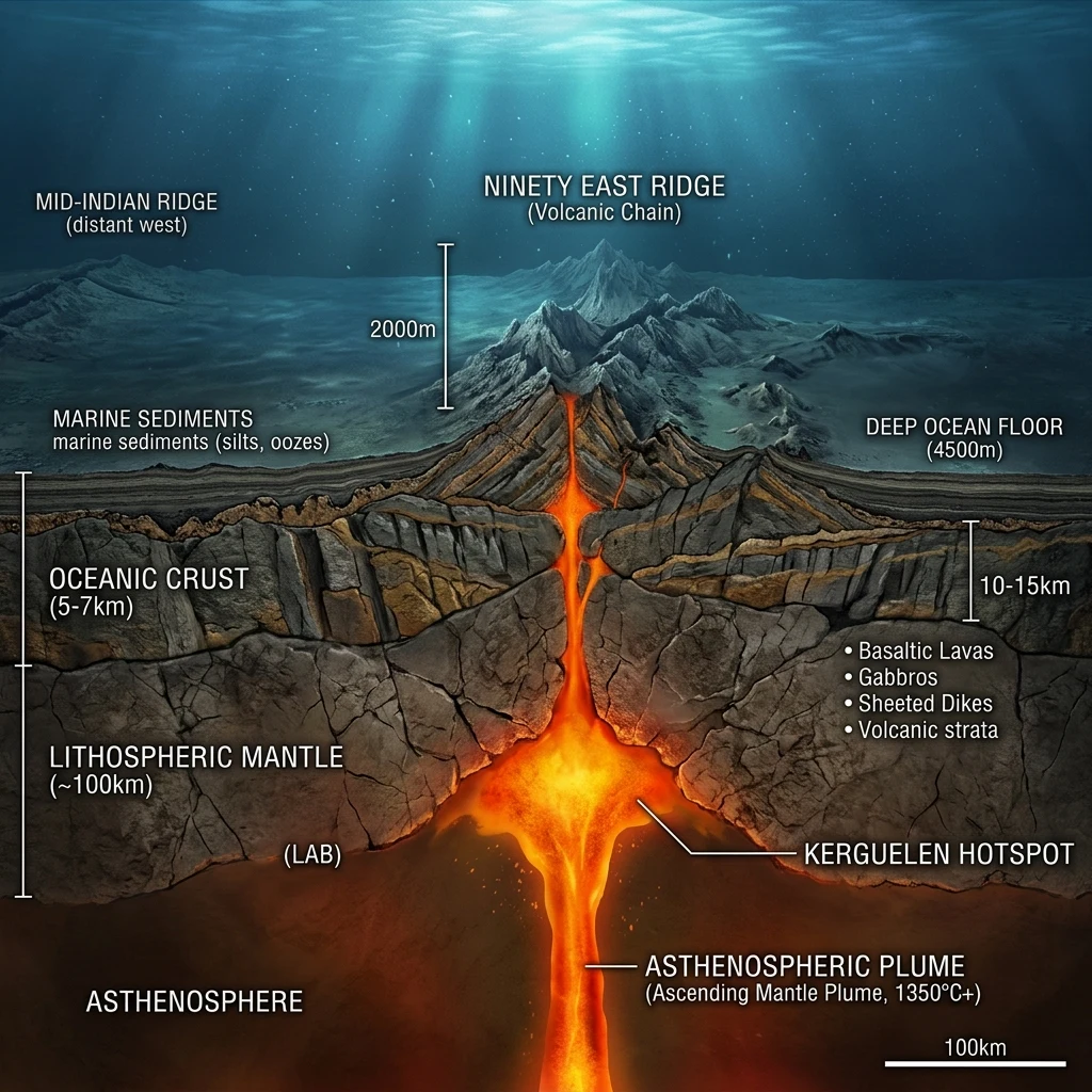 A cross-sectional diagram showing the ancient Kerguelen hotspot track that formed the…