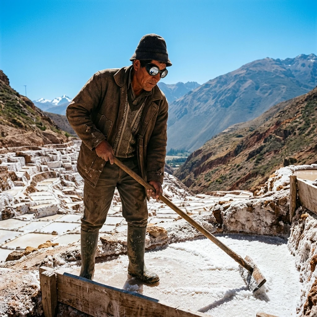 A salt harvester in dark goggles scraping white crust under the blistering high-altitude…