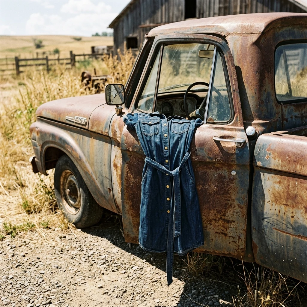 A casual denim utility shirt-dress with brass snap buttons and a tied belt