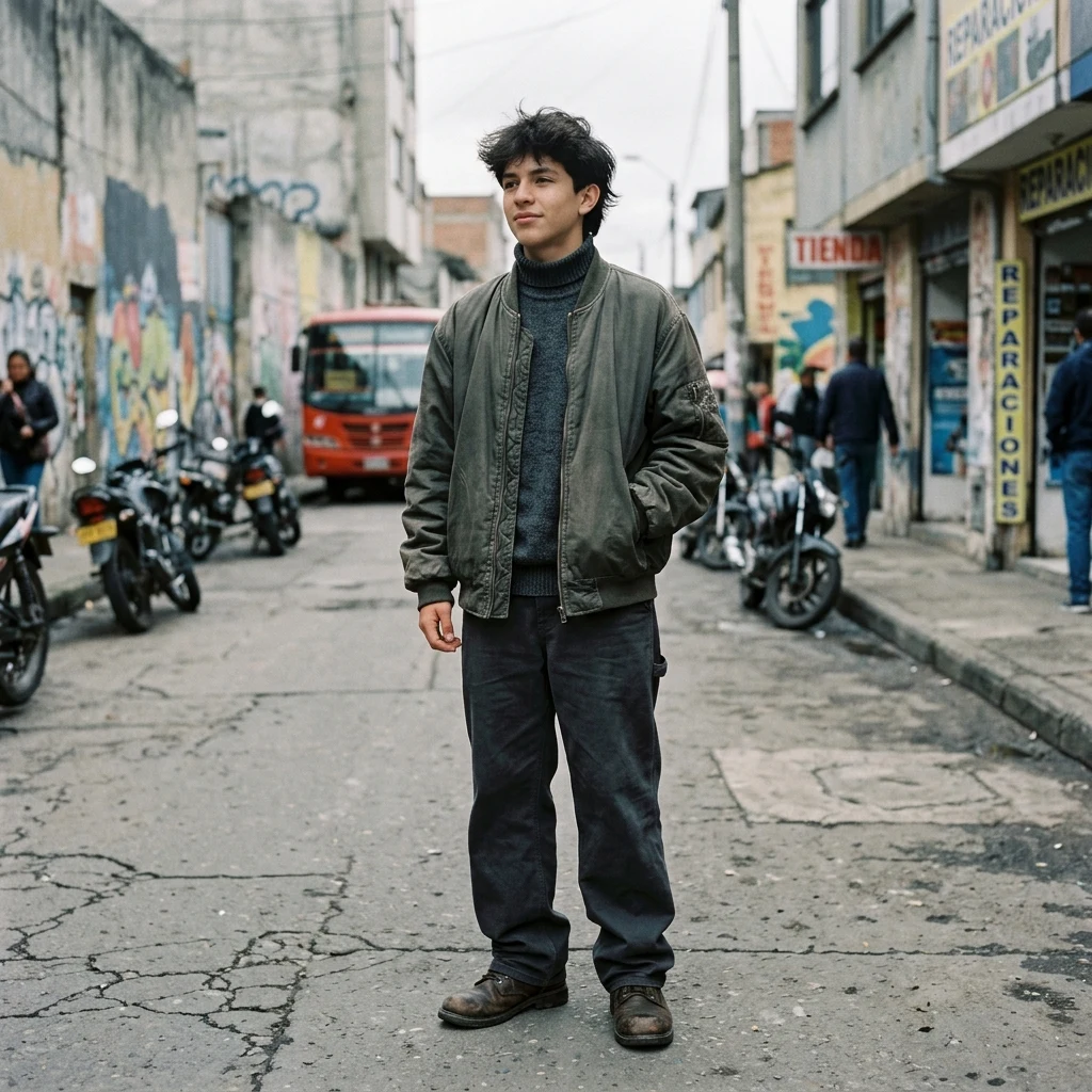 Young person in a bomber jacket on a city street
