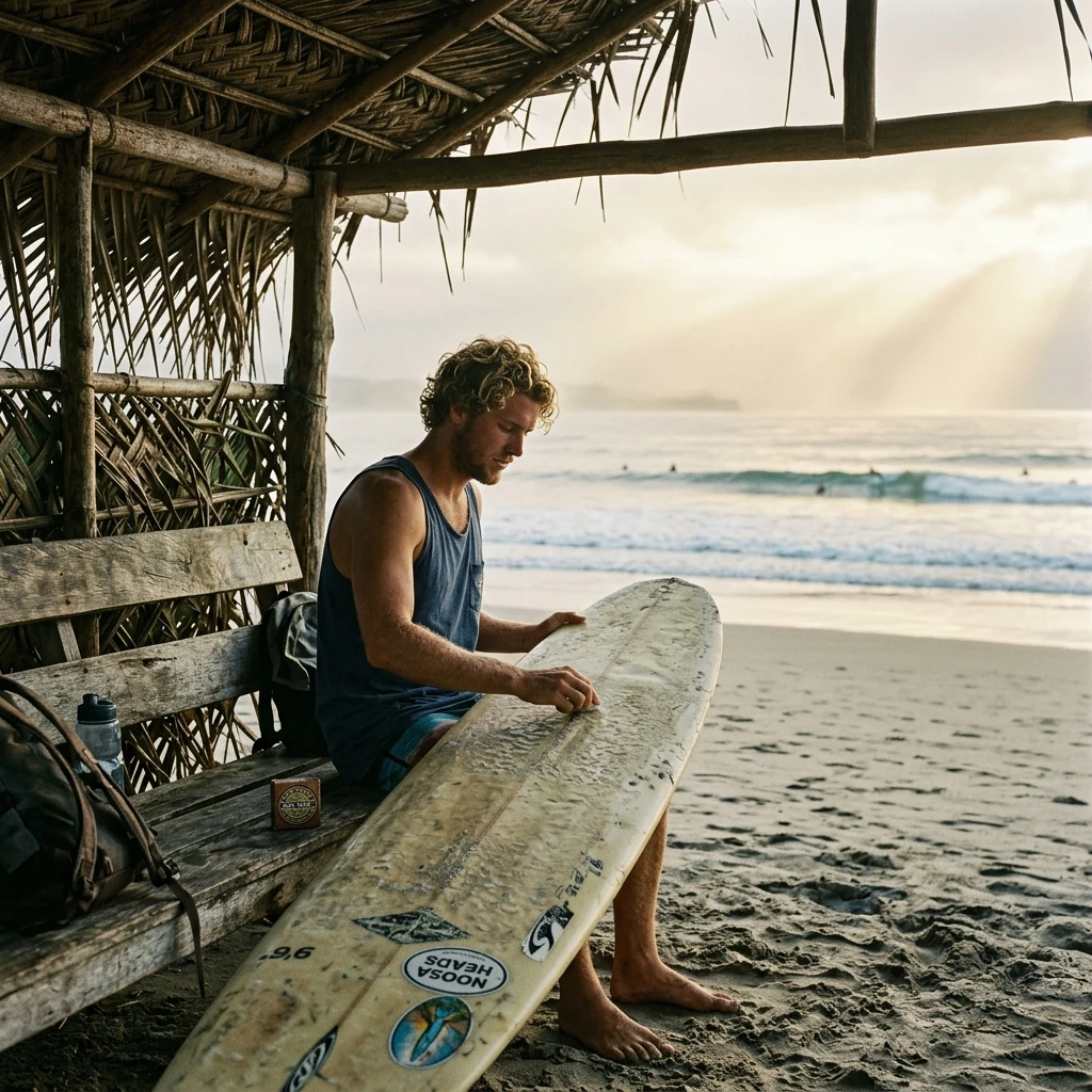 Surfer preparing his board at dawn