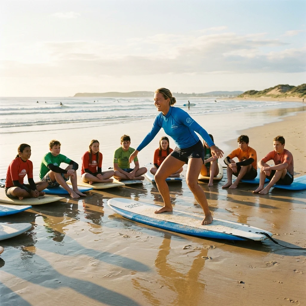 An attractive female surf instructor demonstrating a pop-up on the wet sand to a…