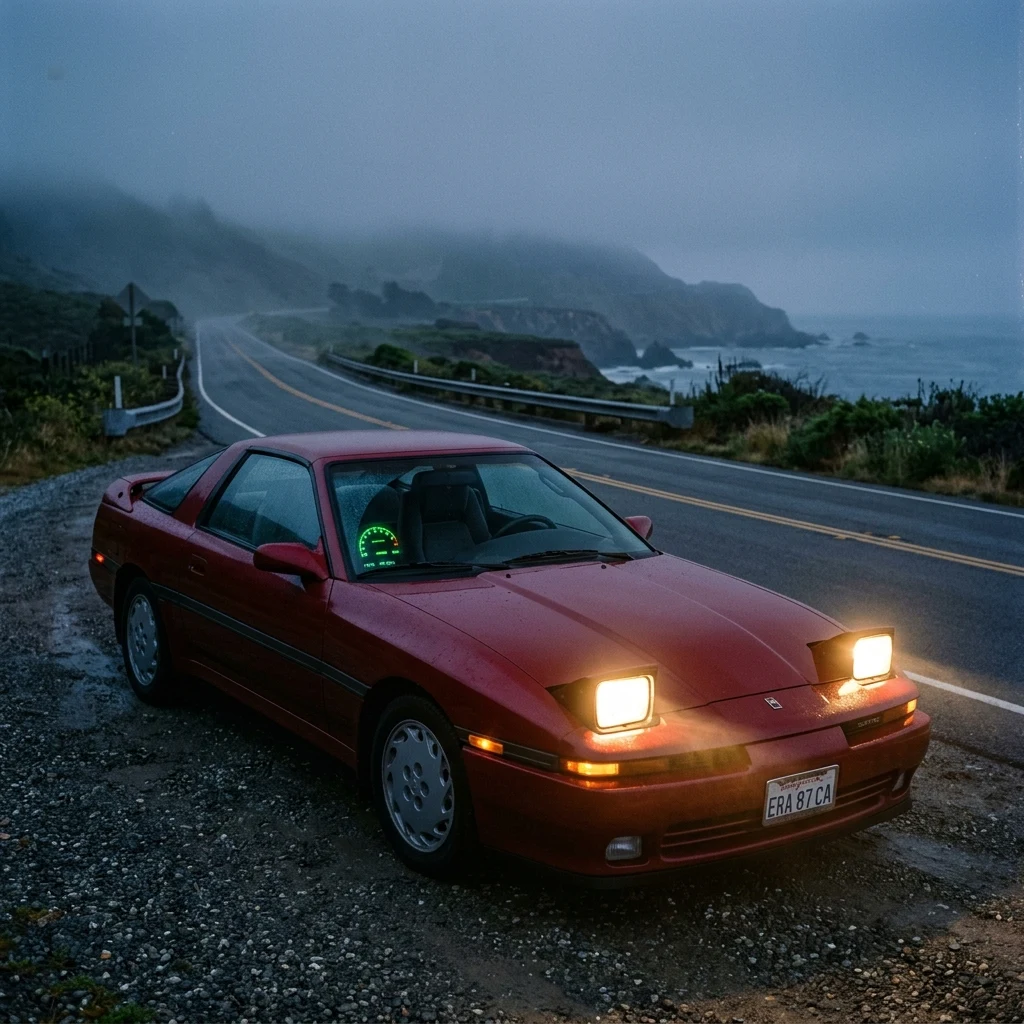 Sports car parked on a misty coastal road
