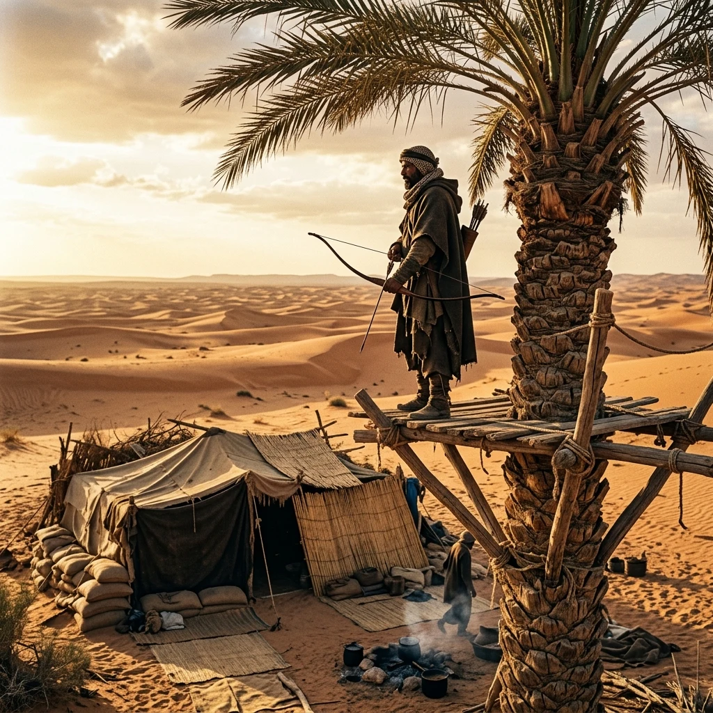 A fortified desert oasis shelter made of sandbag walls and woven reed mats