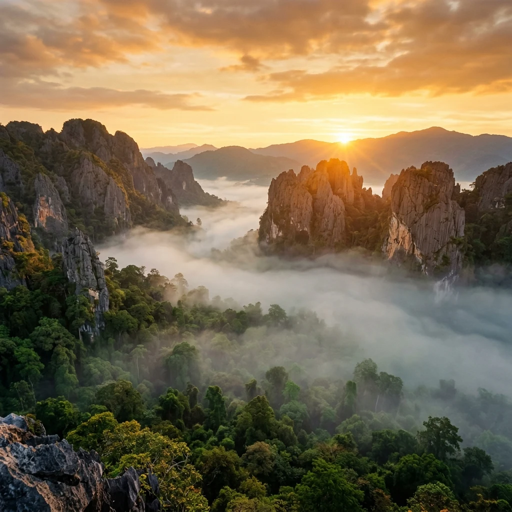 A long-exposure photograph of a golden sunrise over the heavily eroded limestone spires…
