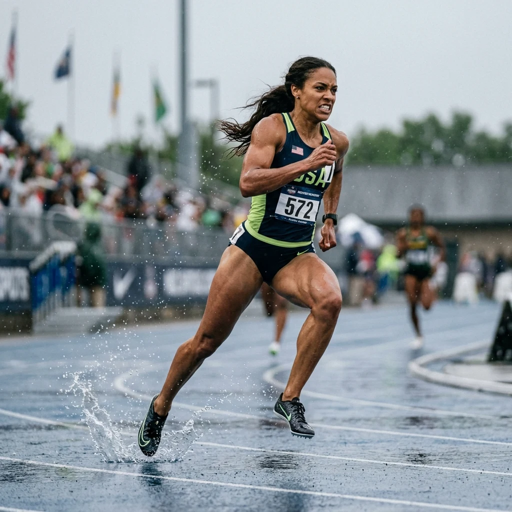 Track and field athletes mid-race on a rainy day