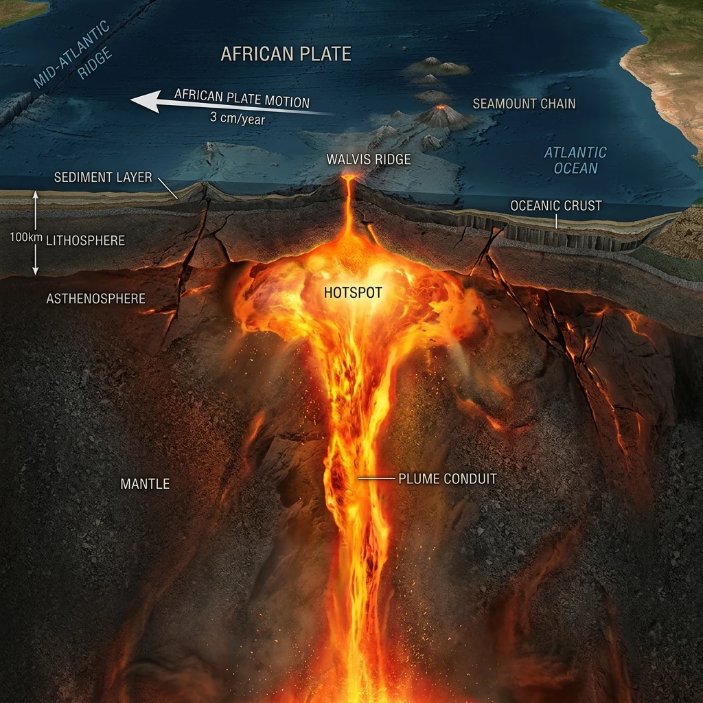 A cutaway Earth diagram showing the Tristan da Cunha mantle plume forming the Walvis…