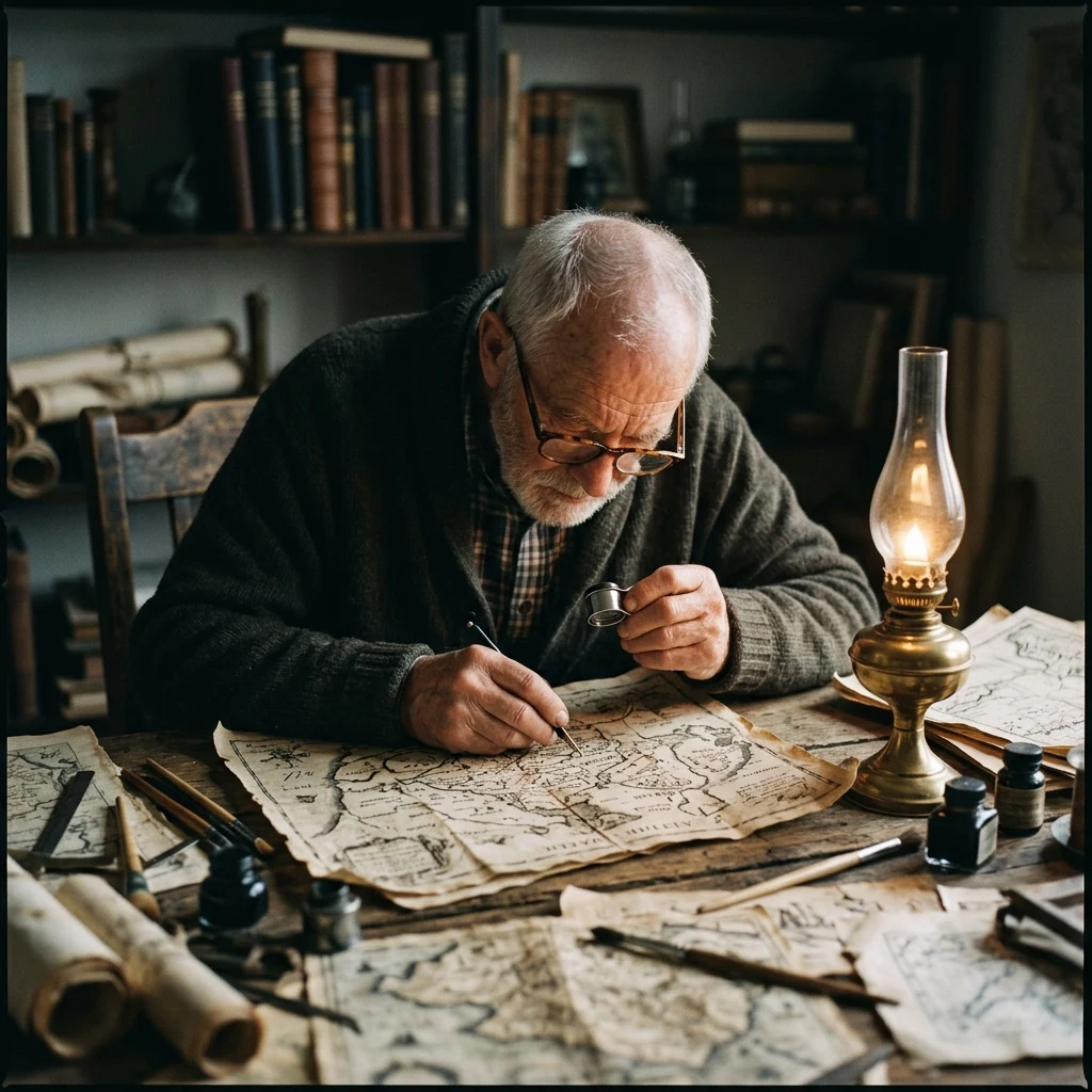 A cartographer in reading glasses surrounded by hand-drawn maps