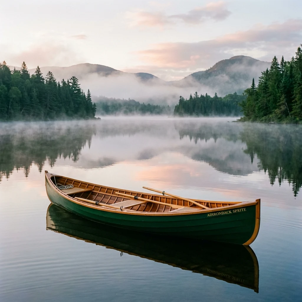 A classic wooden guideboat floating on a quiet Adirondack lake at dawn