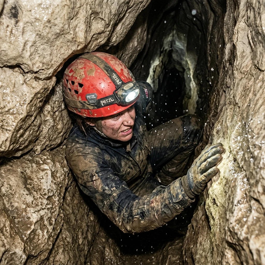 Explorer crawling through a narrow limestone cave