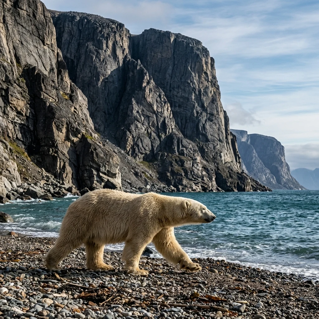 Polar bear walking on a rocky arctic beach