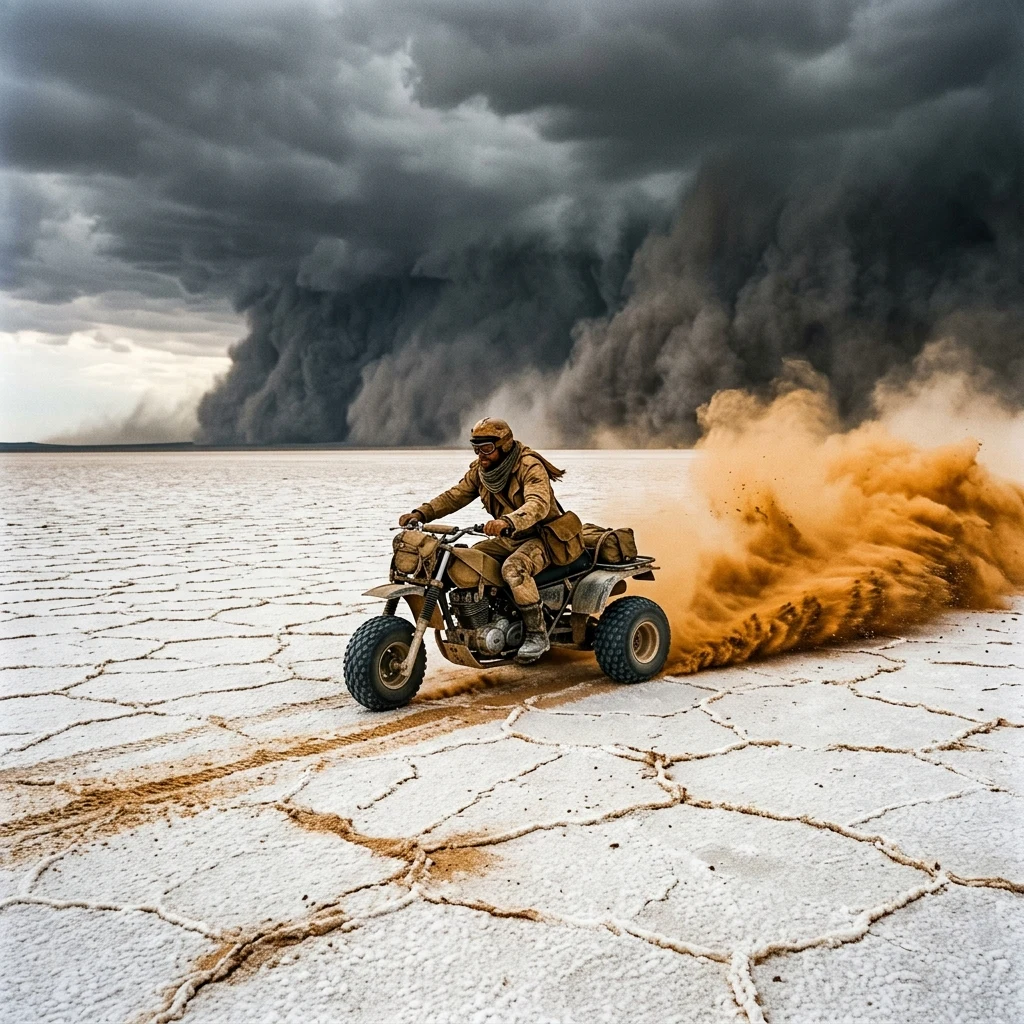 A survivor riding a sand-skimmer vehicle across a cracked salt flat as a massive dust…