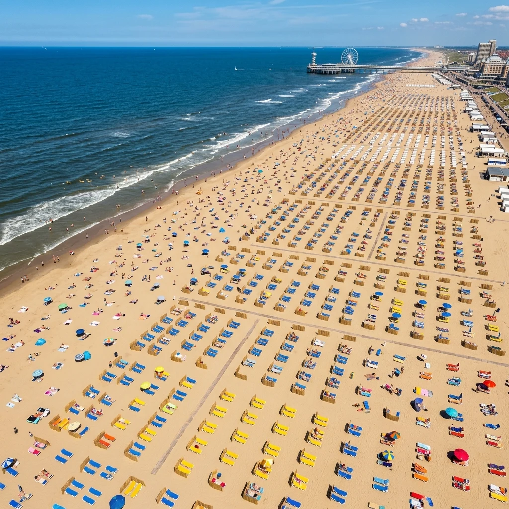 An overhead drone shot of Scheveningen Beach in the Netherlands during a rare heatwave