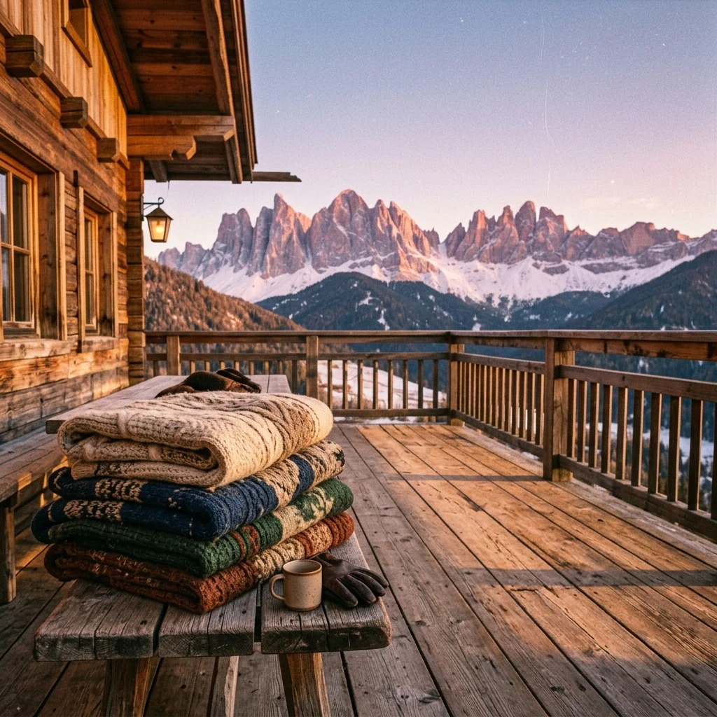 A Super 8 film still of an alpine ski lodge at golden hour
