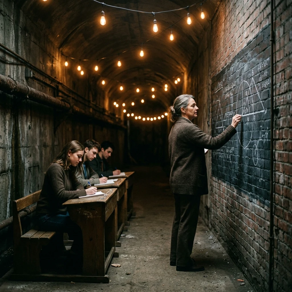 An underground tunnel classroom where a teacher writes on a blackboard mounted to a brick…