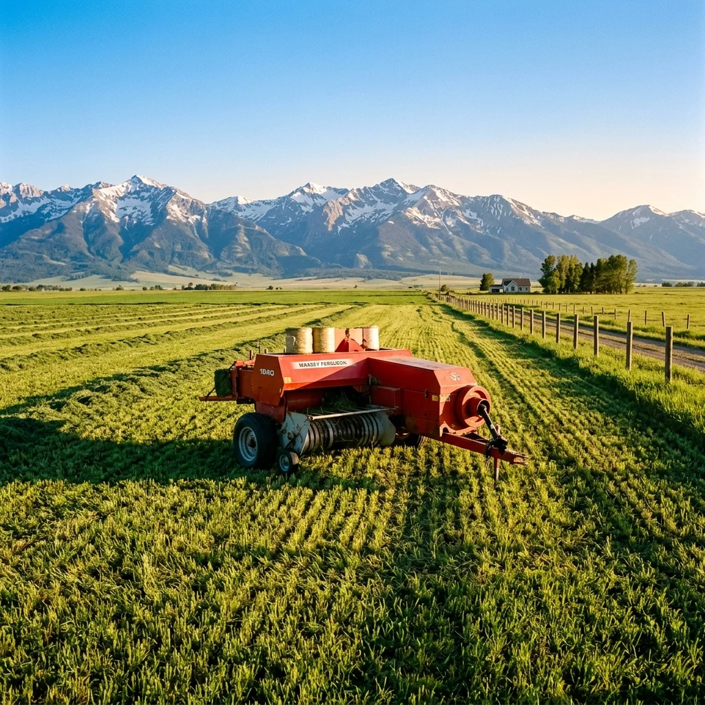 Red hay baler in a mountain field