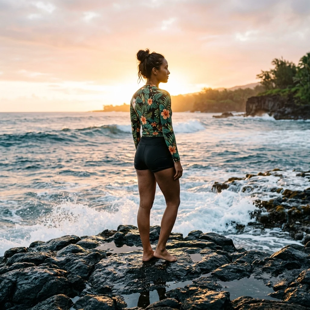 A modern long-sleeve rashguard set with a botanical print