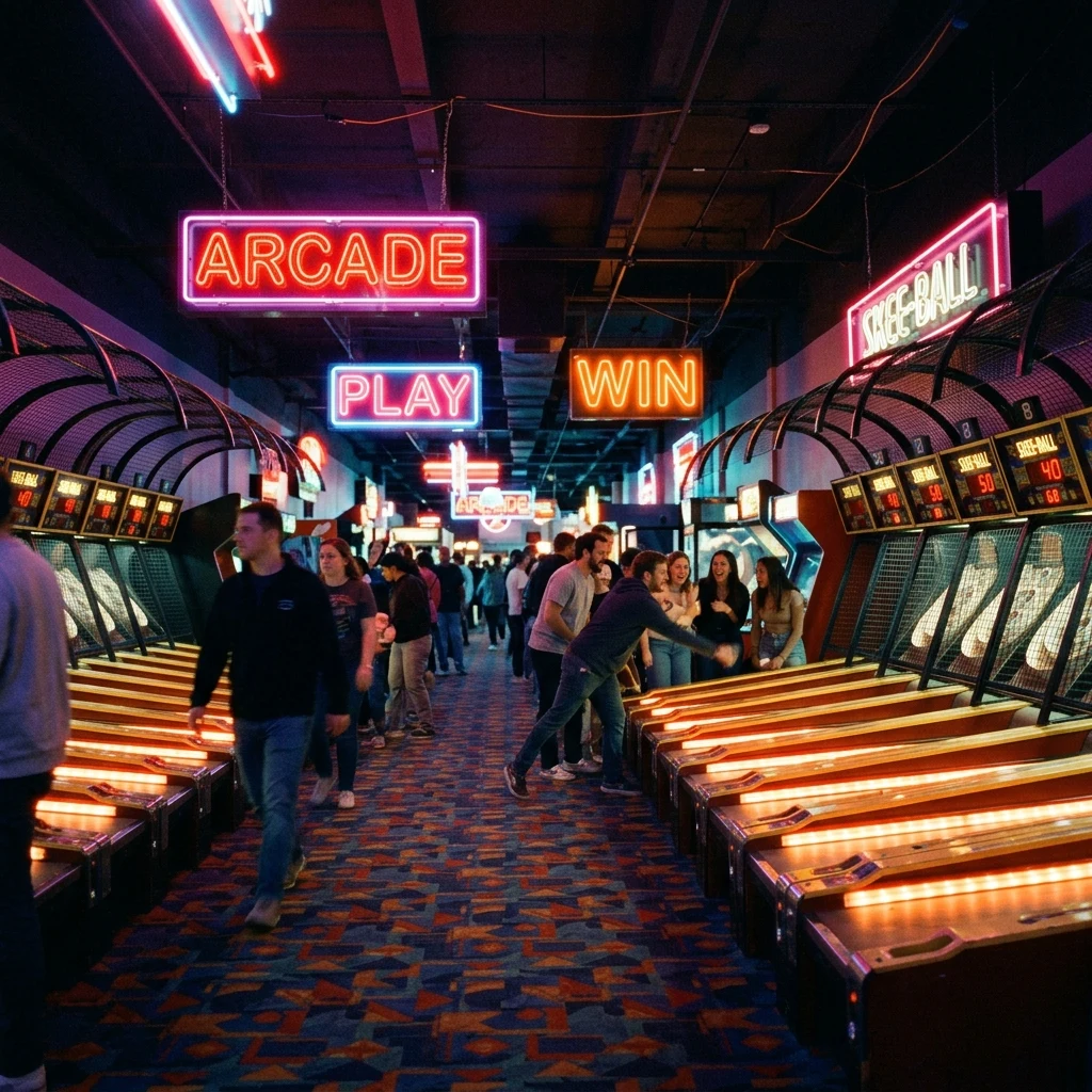 A boardwalk arcade at night on Cinestill 800T