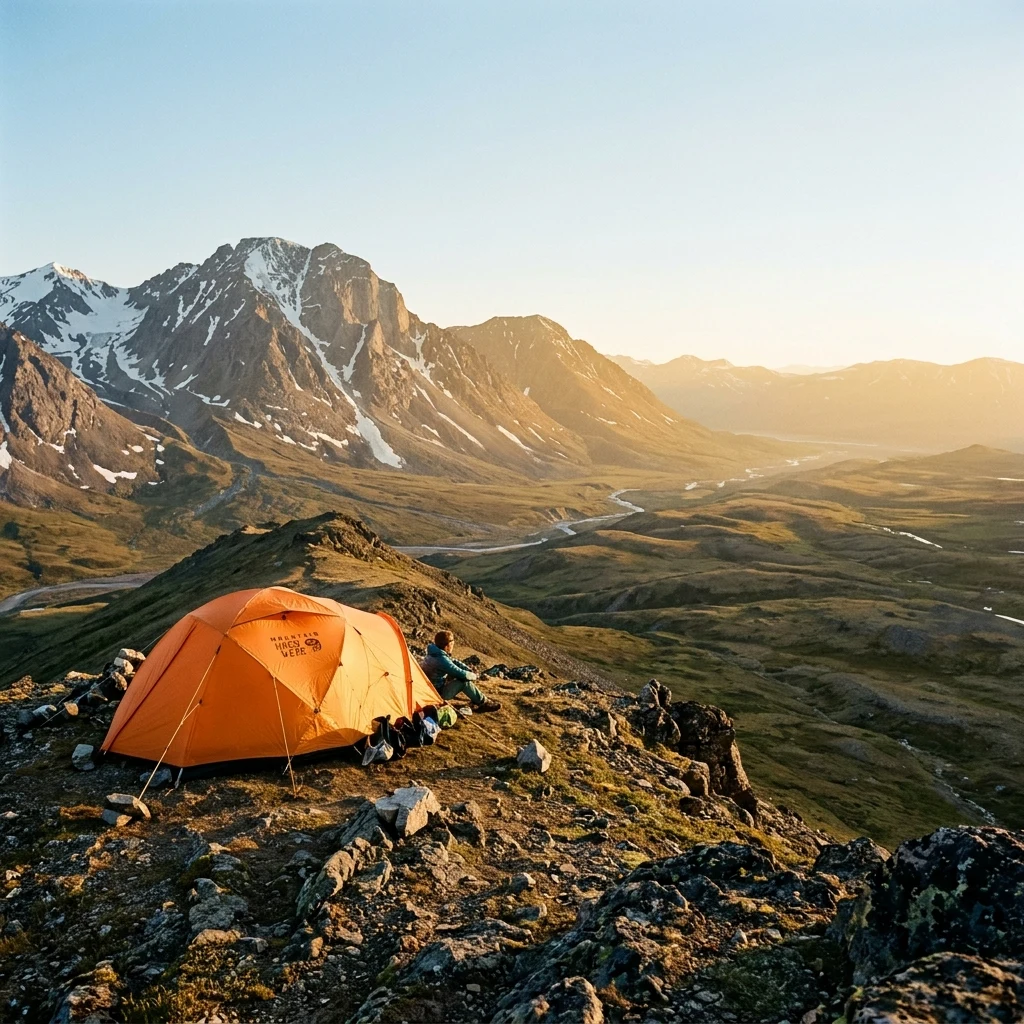 Orange tent on a mountain ridge