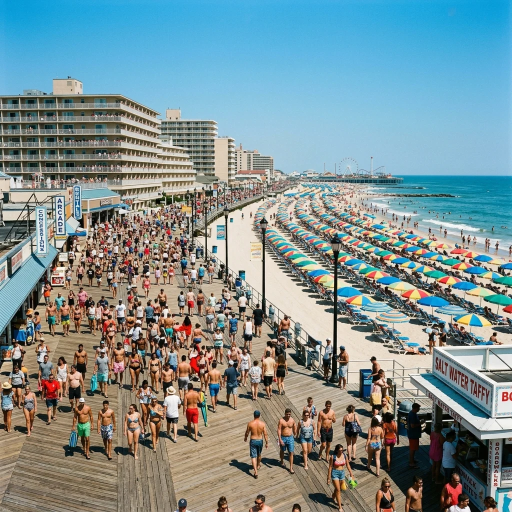 Busy summer afternoon on a crowded boardwalk
