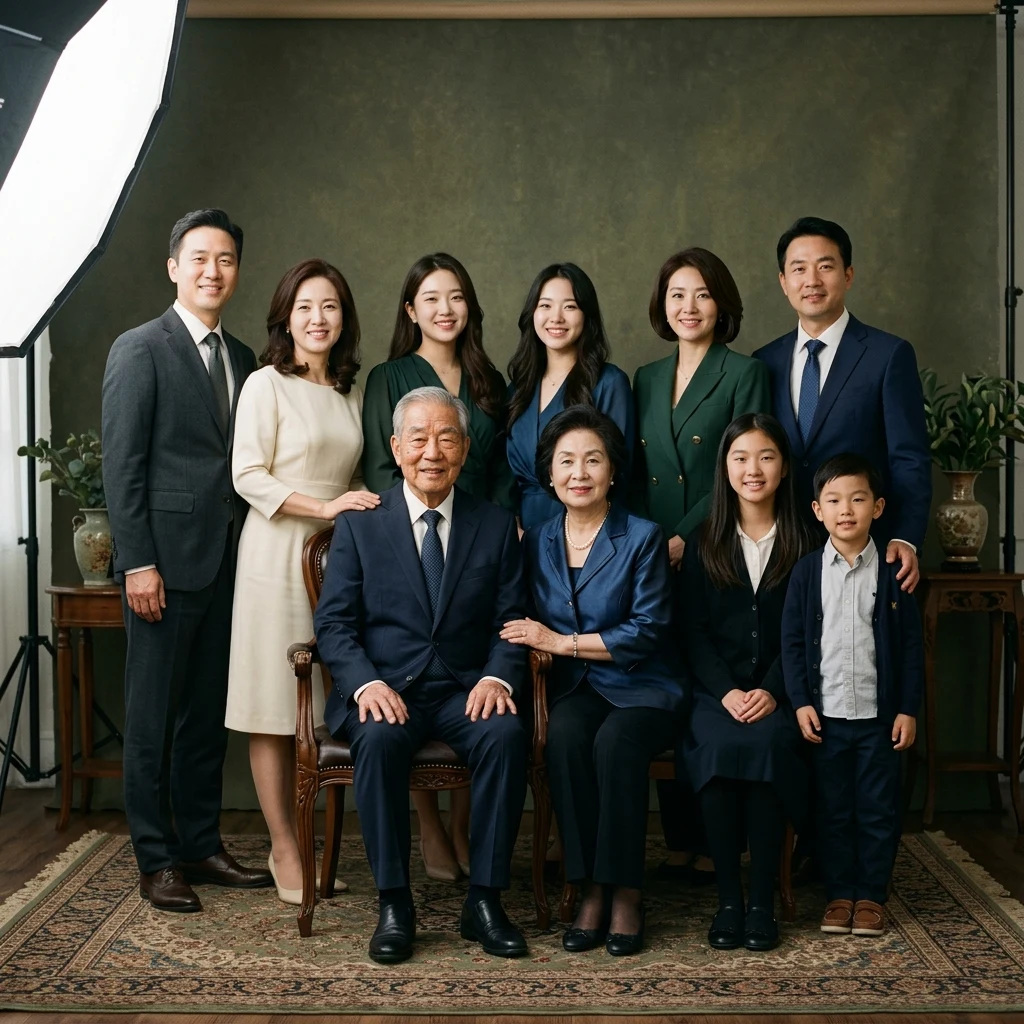 A multi-generational Asian family posing formally in a classic studio setting