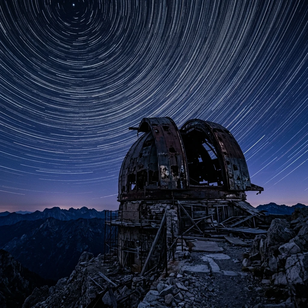 A long-exposure 4x5 large-format photograph of a derelict mountaintop observatory at blue…