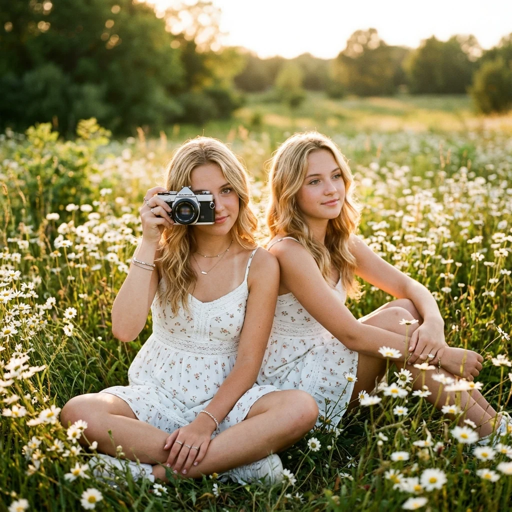 Identical female twins in their teens sitting in a field of daisies
