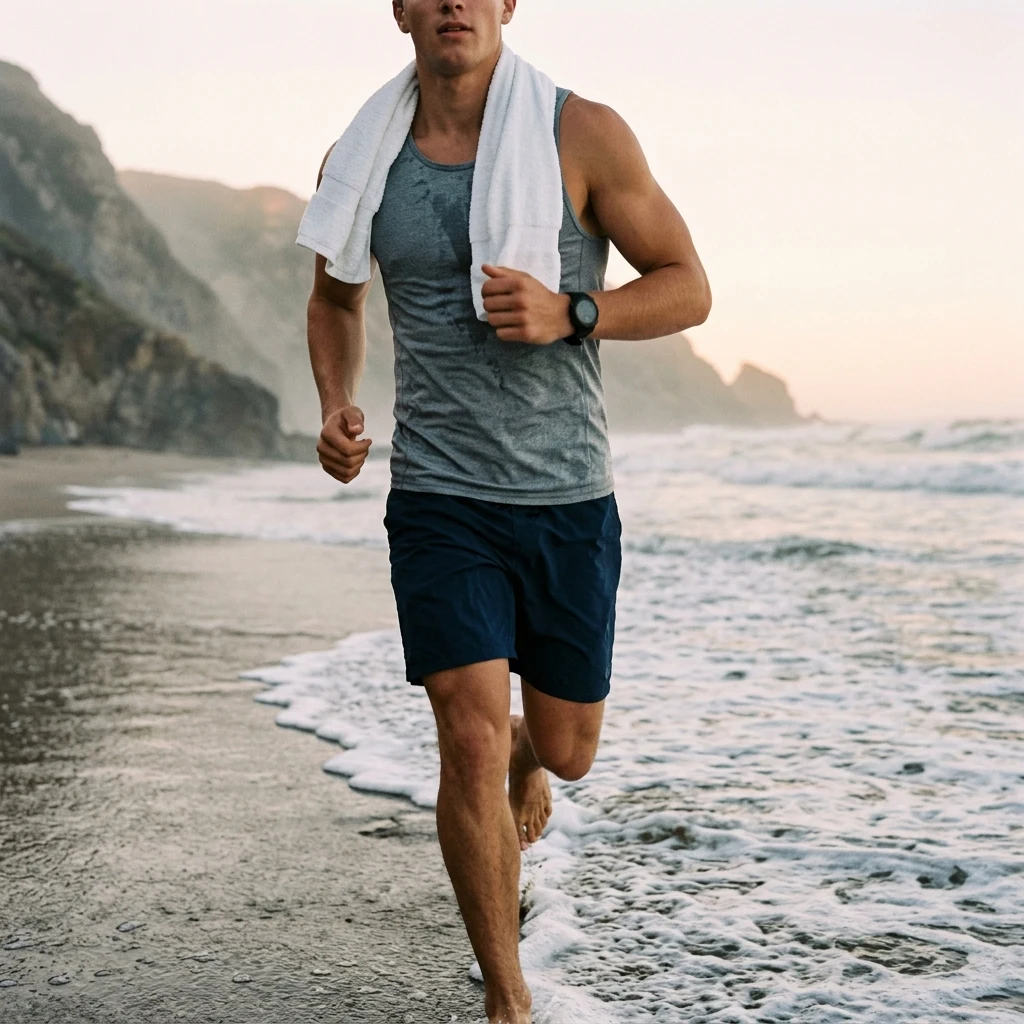 Morning jog along the misty shoreline