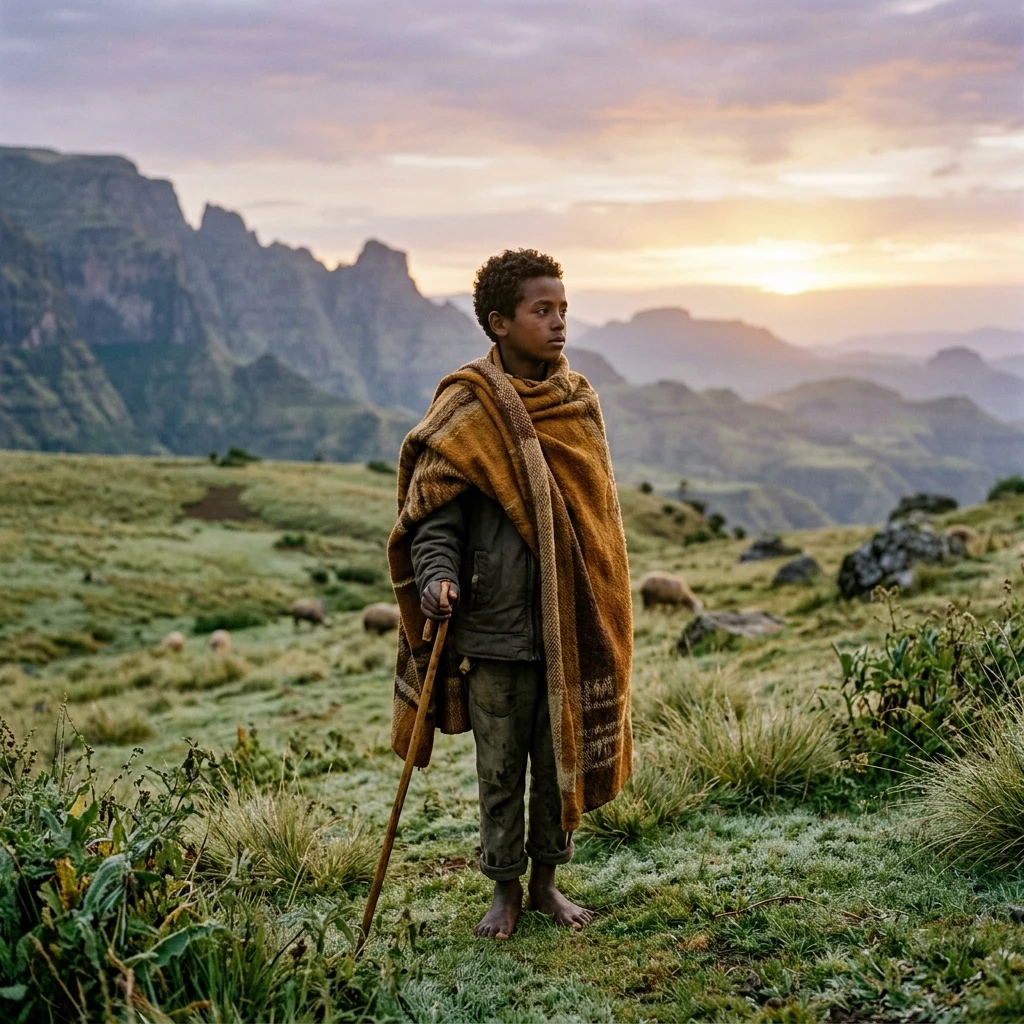 Shepherd in a mountain meadow at dawn