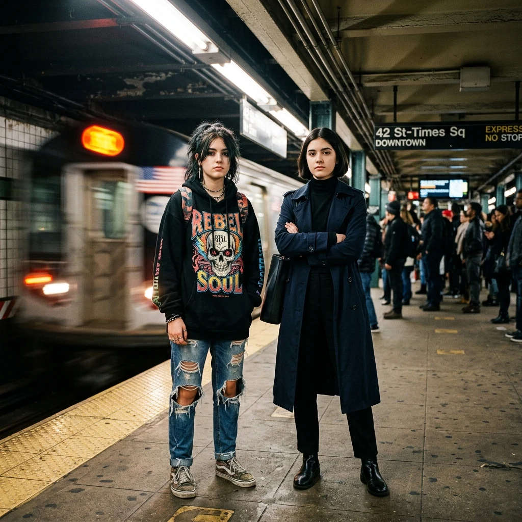 Fraternal twin teenage girls with contrasting styles standing side-by-side on a subway…