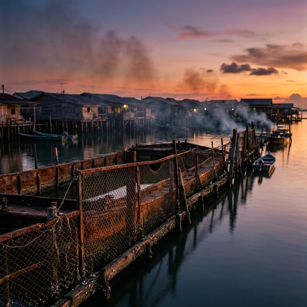 A sunset shot of a stilt town perimeter protected by a barrier of sunken barge hulls and…
