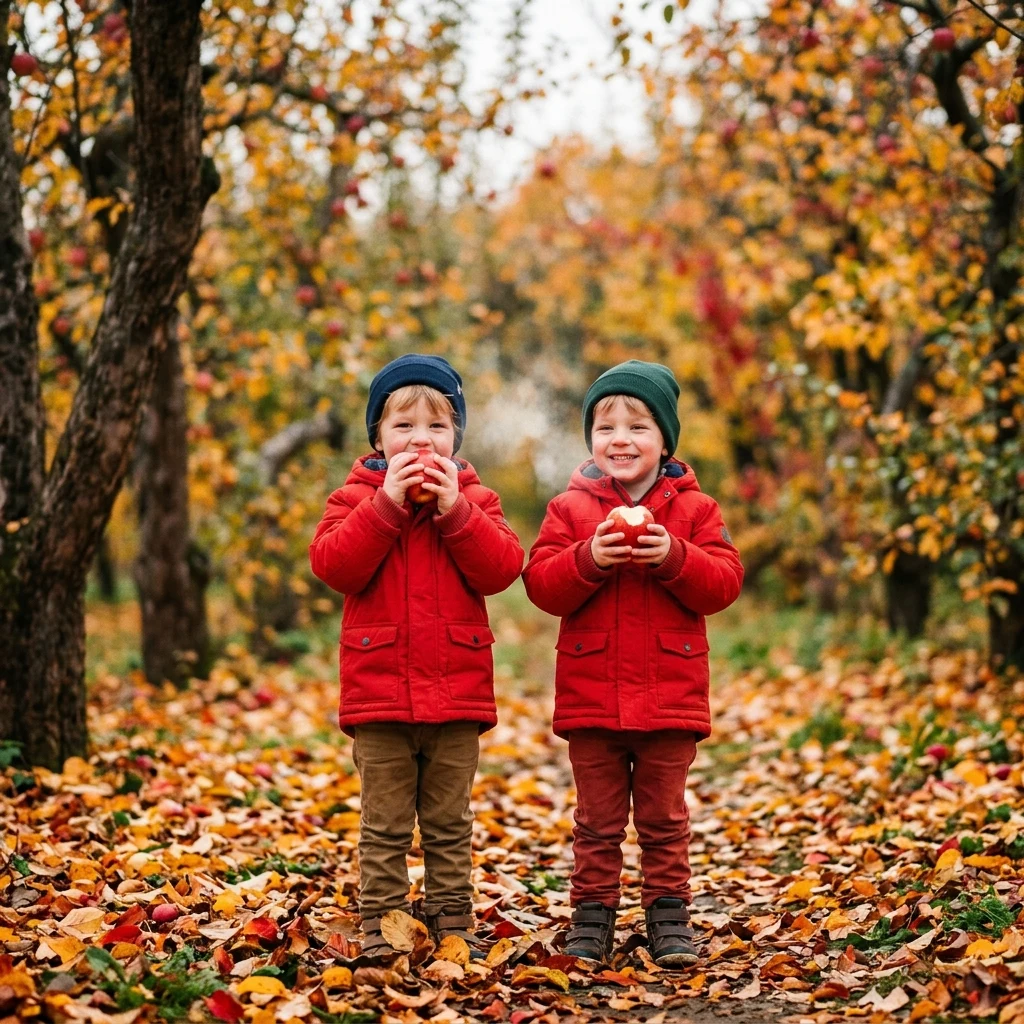 Two children eating apples in an orchard